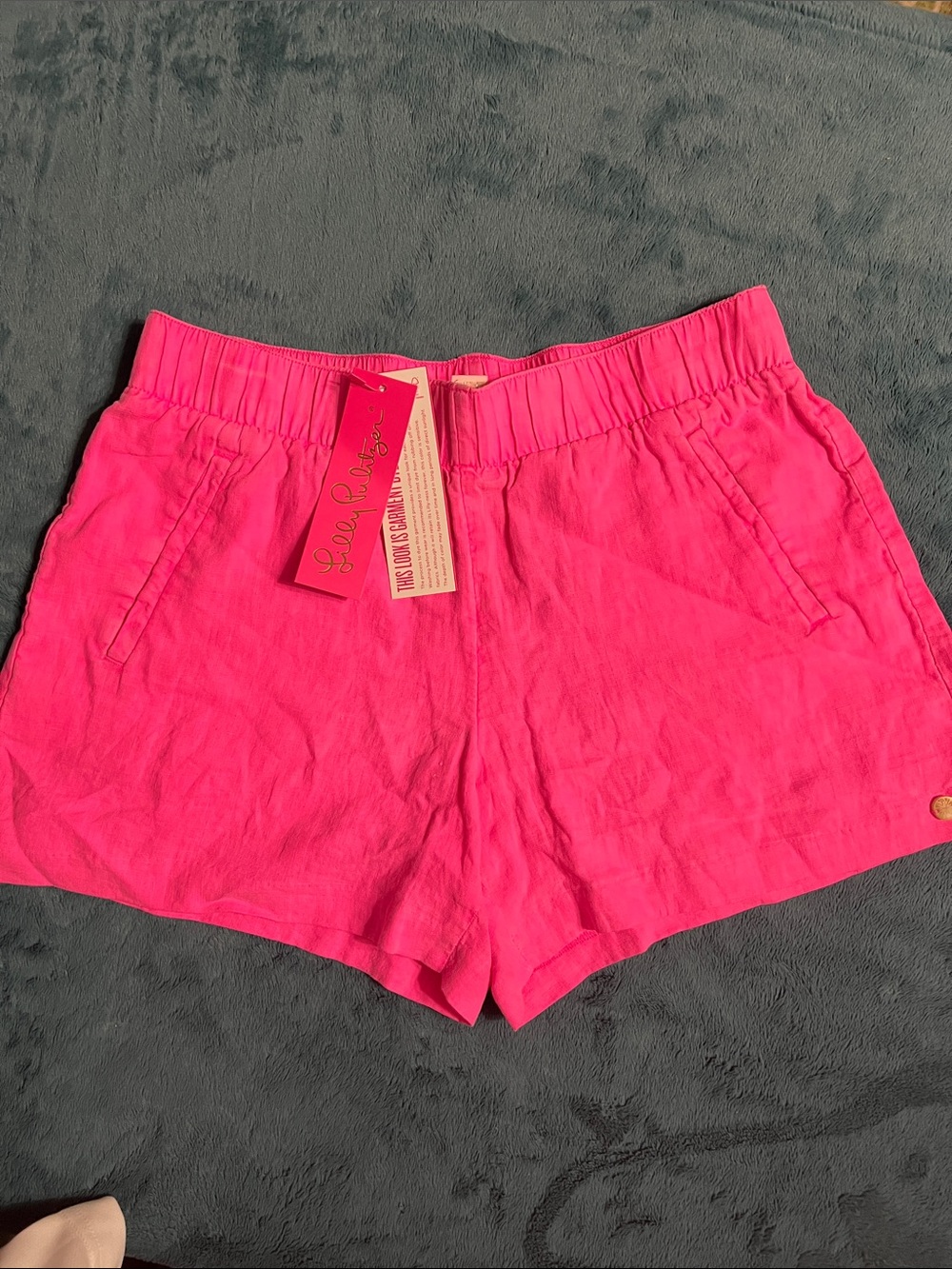 Lilly Pulitzer Hot Pink dyed 💯 Linen Elastic Waist Shorts / size Small